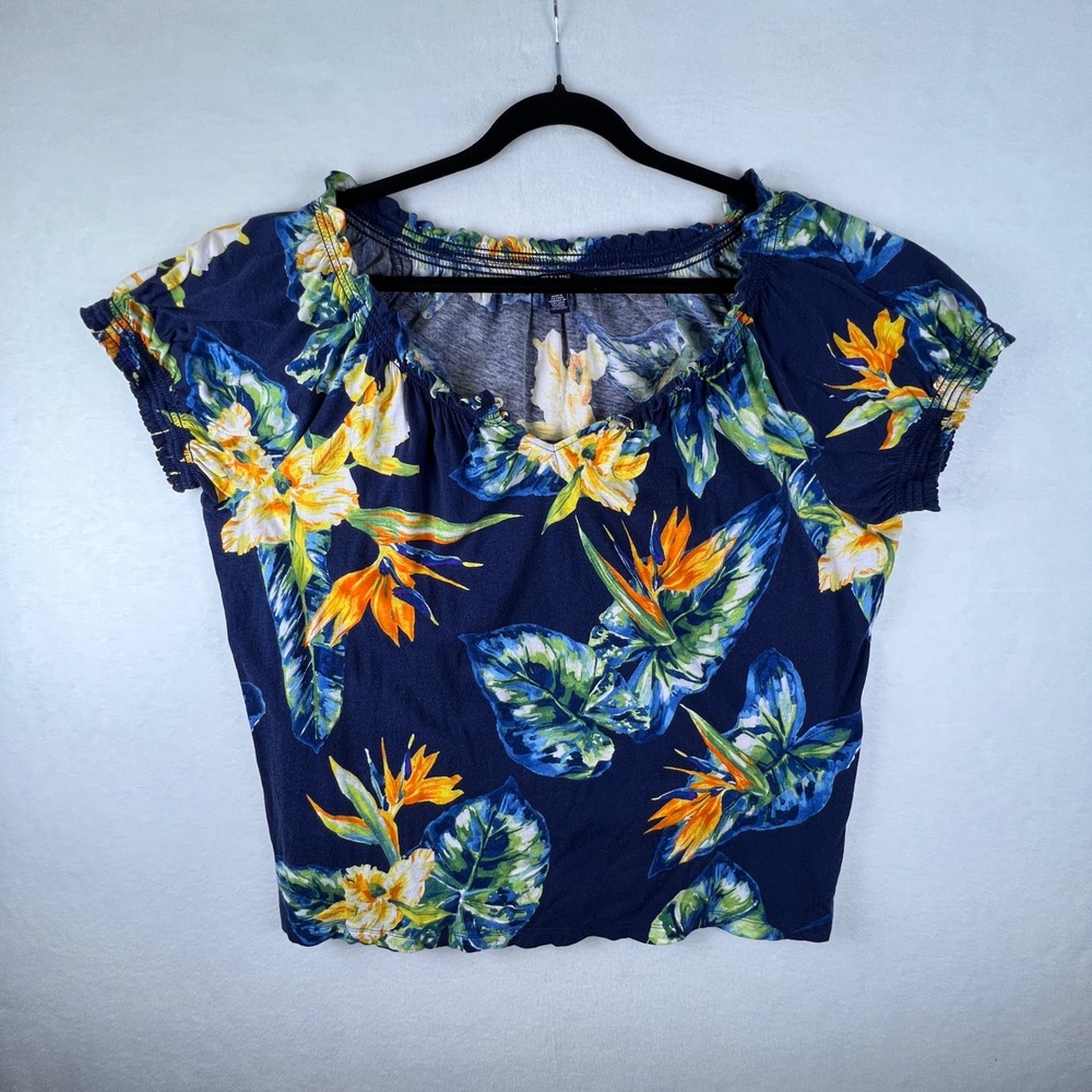Chaps Denim Womens 2X Navy Tropical Floral Peasant Top Boho Resort Plus